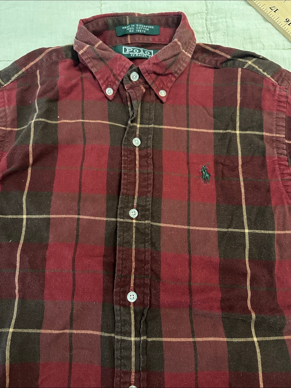 Boys Medium Polo by Ralph Lauren Dark Red and Brown Plaid Button-Down Shirt